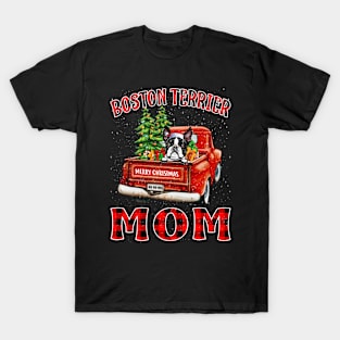 Christmas Boston Terrier Mom Santa Hat Truck Tree Plaid Dog Mom Christmas T-Shirt